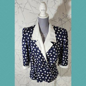 Nu Mode VTG Navy Polkadot Satin Fitted Half Sleeve Wrap Blazer Nautical